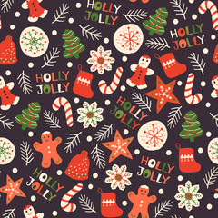 Stoffe zum Nähen Holiday Seamless Pattern with Christmas Cookies. Xmas winter poster collection