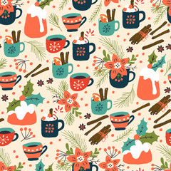Christmas Holiday Seamles Pattern with Pudding and Hot Drink. Xmas winter poster collection
