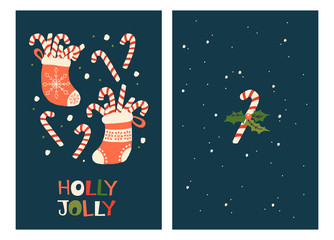 Christmas Holiday Greeting Cards with Candy Cane. Xmas winter poster collection