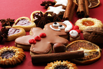 Baking christmas cookies. Typical cinnamon stars bakery with spices. xmas decoration