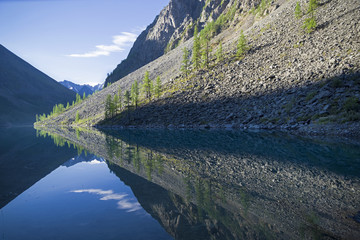 Reflection of the shore of the lake in the watery surface.