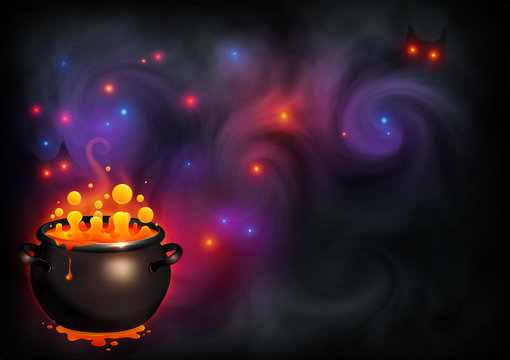 Orange bubbling witch brew in black pot on dark violet smoke and magic lights backdrop. Vector Halloween poster background