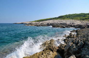 Fototapeta na wymiar Puglia, Italy, August 2018, a glimpse of north adriatic coast of San Domino island with its rocks and pine forest