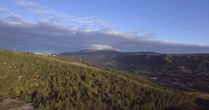 Aerial drone shot of beautiful scenery in Geilo, Norway. Sliding movement to the right.