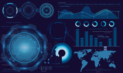 Vector illustration of futuristic display, interface hud design, infographic, scanning graph or waves, warning arrow and bar regulator. Tech and science, analysis theme. © Natalia