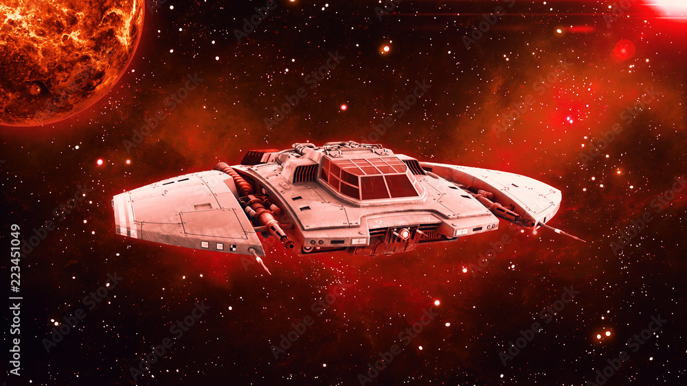 Wall mural alien spaceship in deep space, ufo spacecraft flying in the universe with planet and stars in the ba