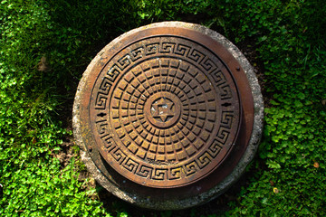 sewer grate with grass around