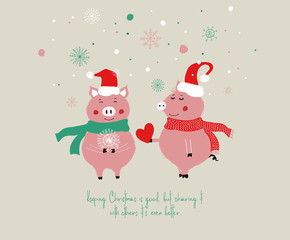 Christmas Card With Cute Pigs.