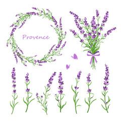 Vector illustration set of lavender flowers, bouquet, wreath and elements of design for greeting card on white background in retro flat style, provence concept.