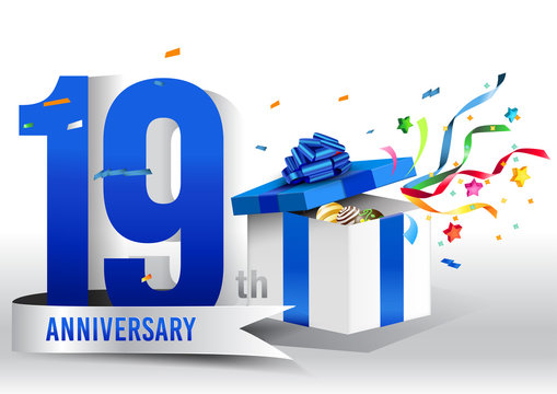 19 years anniversary background with ribbon, confetti and gift on white. Poster or brochure template. Vector illustration.
