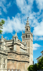 View of the Giralda tower from Square of the courtyard of the flag, Sevilla, Andalusia, Spain.