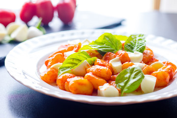 Gnocchi alla Sorrentina in tomato sauce with green fresh basil and mozzarella balls served on a plate