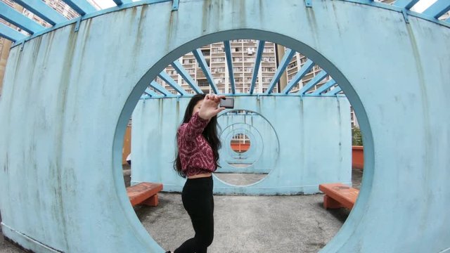 POV, walking through circular architecture in Hong Kong