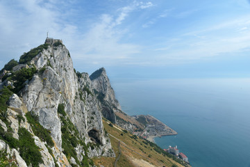 Naklejka premium Beautiful panoramic vista view from mountain fortress looking down at the shoreline, & town below.