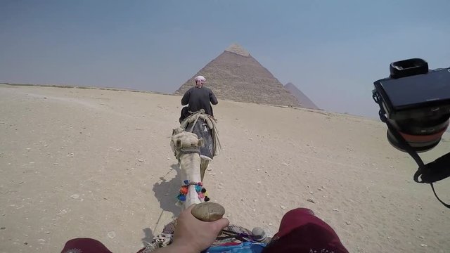 Riding camel near Egypt pyramids, POV
