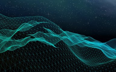 Abstract landscape on a dark background. Cyberspace grid. Hi-tech network. Outer space. Starry outer space texture. 3D illustration