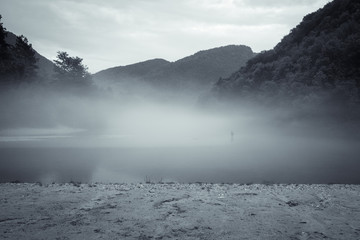 misty confluence of Soca and Tolminka river in Slovenia