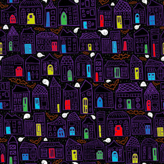 Seamless Vector Halloween Haunted House Pattern - Purple Homes, Colored Doors, Happy Ghosts, & Bats