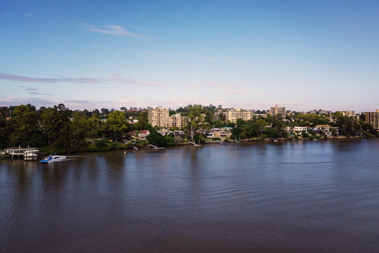 still image of Brisbane River, looking to St Lucia, matches drone footage 