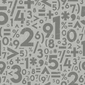 Seamless Vector Textured Math Operation Symbols and Numbers in Light and Dark Warm Gray.