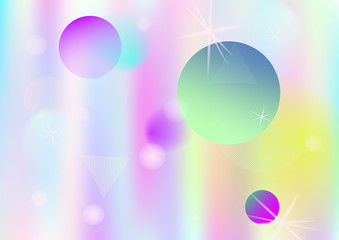 Holographic simple memphis vector background. Gradient unicorn horizontal color overlay. Minimal corporate identity geometric holograph pattern. Chaotic trendy bauhaus funky falling memphis layout.