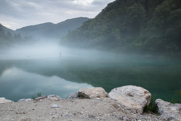misty confluence of Soca and Tolminka river in Slovenia