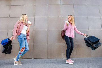 Two young girlfriends stand with shopping bags at the shopping center