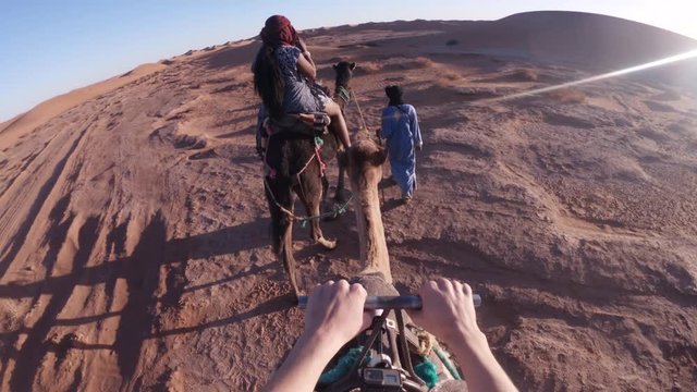 POV camel riding tour in desert