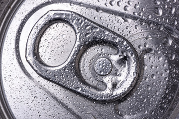 Top view of aluminium can drink with droplets