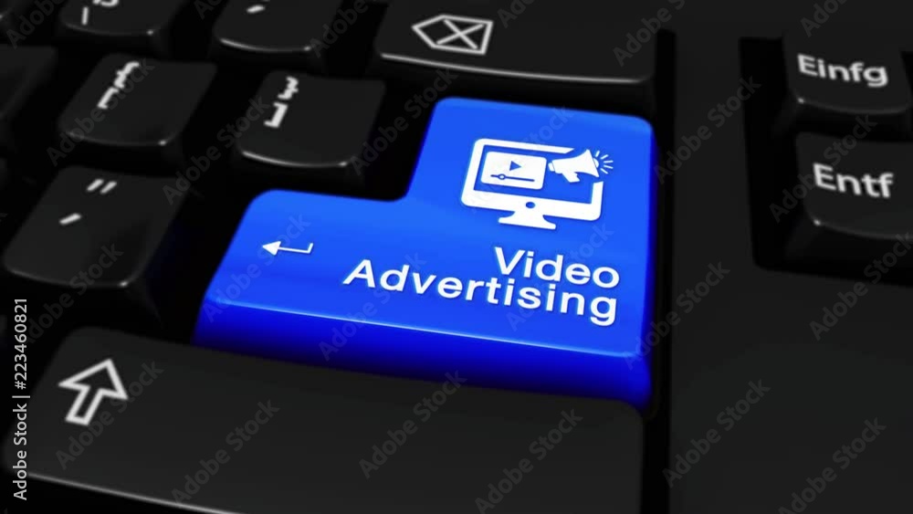 Poster 147. video advertising round motion on blue enter button on modern computer keyboard with text and i