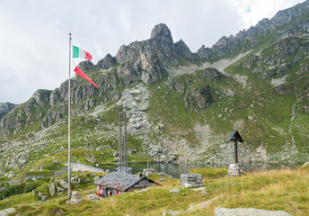 Valgoglio, Lombardy, Prealps, Italy. Baita Cernello, Lake Cernello and Monte Sucotto. August 2018.