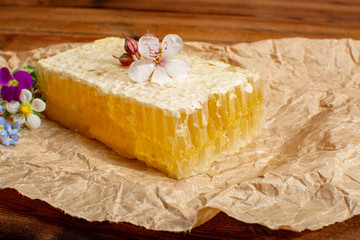 Homemade organic honey in honeycomb from farm apiary on mountains meadows with summer wild flowers