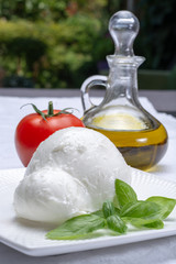 Fresh soft Italian white cheese mozzarella buffalo, original from Campania, Paestrum and Foggia regions, South Italy, served with tomatoes, fresh basil and olive oil