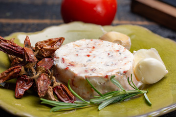 French soft cheeses, variety of different taste goat milk natural cheeses on granite plate close up sesrved as dessert