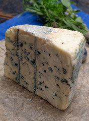 Blue cheese made from cow milk with Penicillinum mold, tasty soft cheese with specific odor