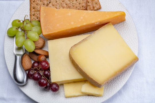Aged English cheddar and old Dutch cheese, the most popular type of hard cheeses made from cow milk served as a dessert with nuts and grapes