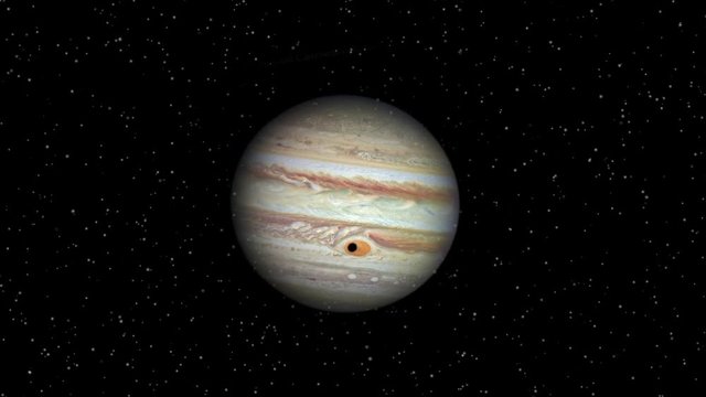 Travel to Jupiter planet rotating zoom in and moving star field in background, Contains public domain image by NASA
