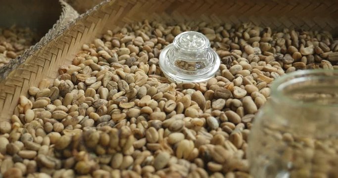 Pan close up of Kopi luwak coffee beans