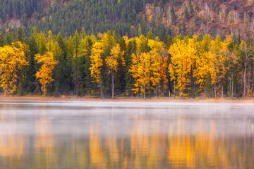 Fall colors reflected on foggy Lake McDonald, Glacier National Par, Montana