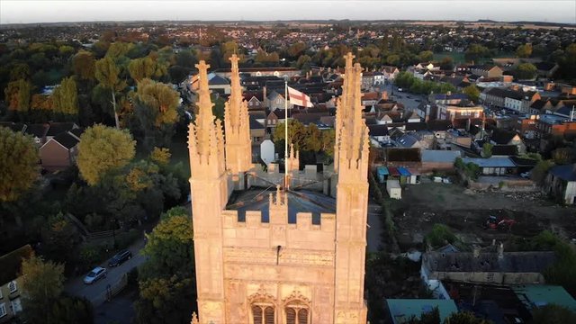 Areal front shoot of Church of St. Mary at sunrice, St. Neots town, Cambridgeshire, England, UK
