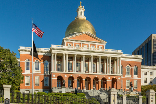 Massachusetts State House Facade in Boston as Seen from Boston Common with Flag and Golden Dome 