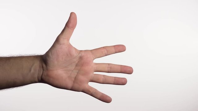 Hand goes into frame in a fist and opens hand to show all five fingers