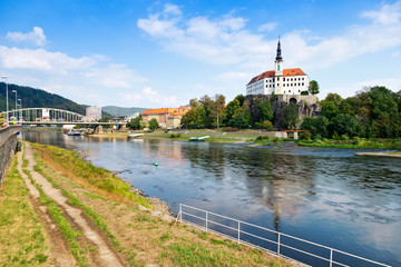 Fototapeta premium castle and Elbe river, town Decin, North Bohemia, Czech republic