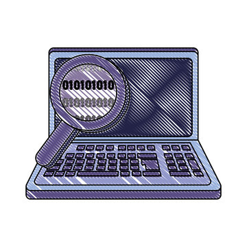 grated laptop technology with magnifying glass and data code