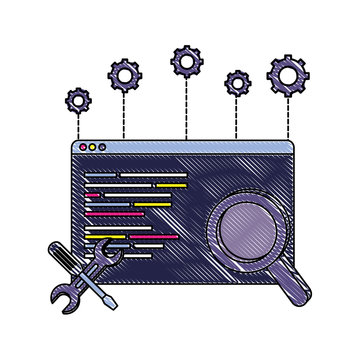 grated website code program and magnifying glass with equipments
