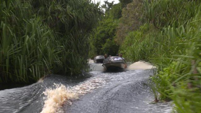 Convoy of boats driving trough wake in the Jungle of Borneo, Indonesia