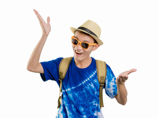 Man backpack dancing asian traveller relax portrait.