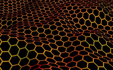 Honeycomb wave effect on a red yellow background. Perspective view on polygon look like honeycomb. Isometric geometry. 3D illustration