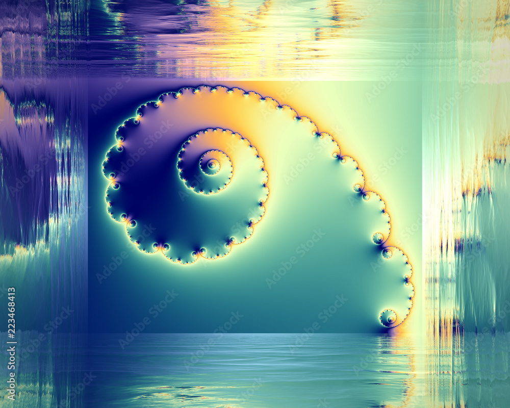 Poster abstrct digital artwork. patterns of nature. shells with surreal reflections in the water with waves