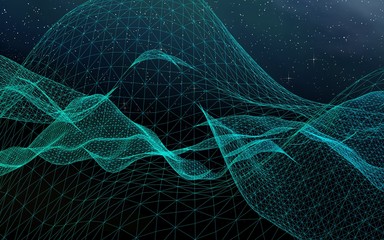 Star horizon. Abstract landscape on a dark background. Cyberspace grid. Hi-tech network. Outer space. Starry outer space texture. 3D illustration